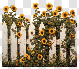 Garden Fence - White Picket Fence Covered With Vibrant Sunflowers Transparent PNG