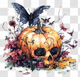 All Souls Day - Autumn Pumpkin With Skull And Butterflies Transparent PNG