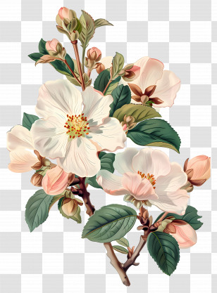 Vintage Flowers - Illustration Of White Blossoms On Plant Branches Transparent PNG