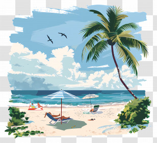 Beach - Tropical Beach Scene With Palm Tree And Umbrella Transparent PNG