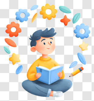 Reading And Knowledge - Boy Reading Surrounded By Flowers Transparent PNG