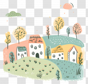 Doodle Houses With Trees - Doodle Of Houses And Trees In A Pastoral Setting Transparent PNG