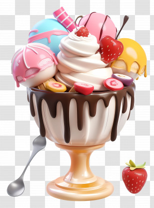 Ice Cream Sundae - Delightful Ice Cream Sundae With Toppings And Chocolate Drizzle Transparent PNG