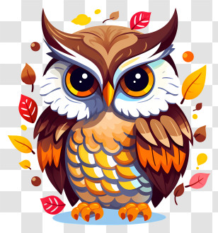 Owl - Cute Cartoon Owl With Autumn Leaves Transparent PNG