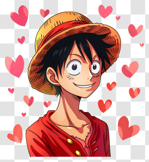 One Piece Luffy - Anime-Style Cartoon Character Surrounded By Hearts Transparent PNG