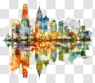 Perth City Skyline - Vibrant Watercolor Cityscape Reflection Transparent PNG