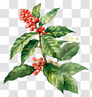Watercolor Coffee Plant - Coffee Plant Branch With Berries Transparent PNG