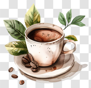 Barako Coffee - Coffee Cup With Beans And Leaves Illustration Transparent PNG