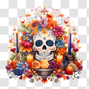 Ofrenda - Decorated Sugar Skull With Candles And Flowers For Day Of The Dead Transparent PNG