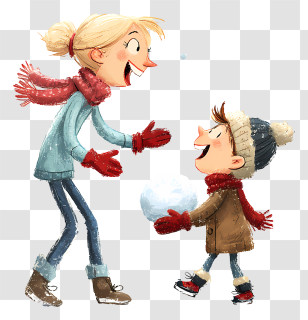 Mom And Son Playing Snowball - Mother And Child Enjoying Snow Play Transparent PNG