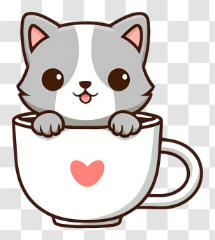 Cartoon - Gray Cat In Cup With Heart Transparent PNG