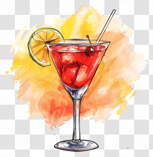 Red Cocktail - Red Cocktail With Lime And Cherry Garnish Transparent PNG
