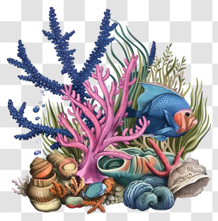 Vector Draw Design - Colorful Coral Reef With Fish Transparent PNG
