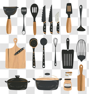 Cooking Utensils - Illustration Of Kitchen Utensil Set With Wooden Handles Transparent PNG