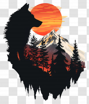 Wolf Silhouette - Wolf Silhouette With Mountain And Sunset Transparent PNG