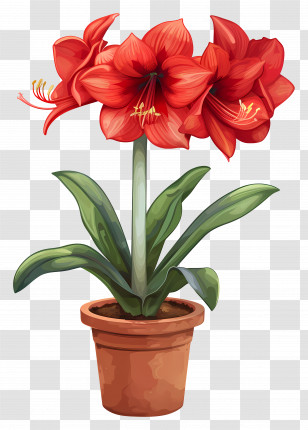 Potted Amaryllis Flower - Potted Red Lilies With Green Leaves Transparent PNG