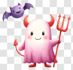 Watercolor Devil Holding Pitchfork - Cute Devil Character With Bat Transparent PNG
