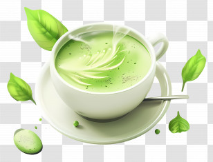 Matcha Green Tea - Green Tea In A Cup With Decorative Leaves Transparent PNG