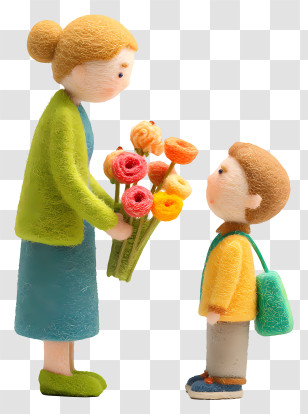 Giving Flowers To Mother - Mother And Child With Flowers Transparent PNG
