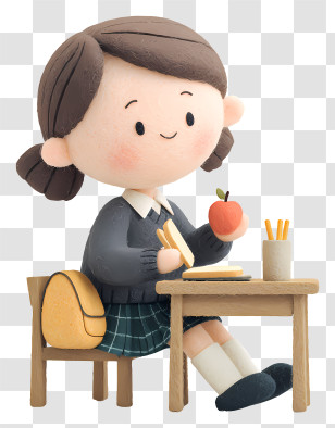 Student Eating Lunch - Girl At Desk With Apple Illustration Transparent PNG