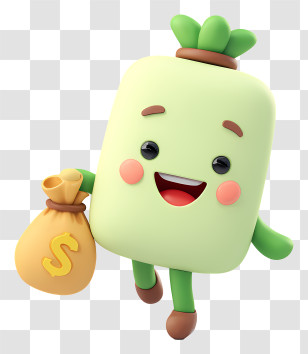 Mascot With Money Bag - Cheerful Green Character With Money Bag Transparent PNG
