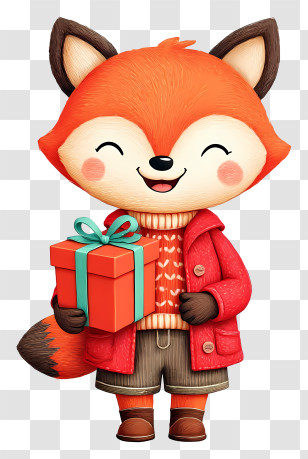 Cute Cartoon Fox - Happy Red Fox With Present Transparent PNG