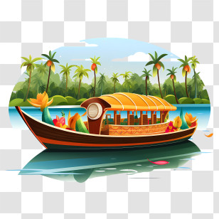 Onam Boat - Tropical Houseboat In Backwaters With Palm Trees Transparent PNG
