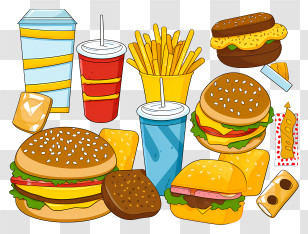 Fast Food - Fast Food Meal With Burgers, Fries, And Beverages Illustration Transparent PNG