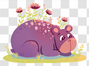 Cute Purple Hippopotamus - Purple Hippo Resting With Flowers Transparent PNG
