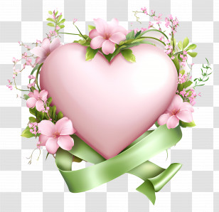 Wedding Heart - Beautiful Pink Heart With Flowers And Ribbon Decoration Transparent PNG