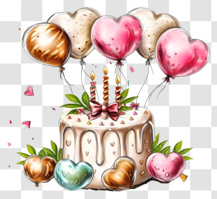 Hand Drawn Birthday Decor - Birthday Cake With Heart-Shaped Balloons Transparent PNG