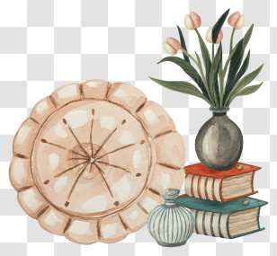 Cartoon - Decorative Clock With Books And Vase Transparent PNG