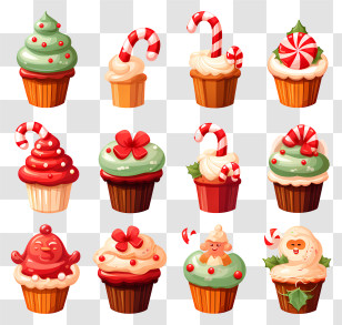 Desserts - Christmas-Themed Cupcakes With Decorations Transparent PNG