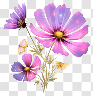 Realistic Cosmos Flower - Purple Cosmos Flowers And Butterflies With Sparkling Glow Transparent PNG