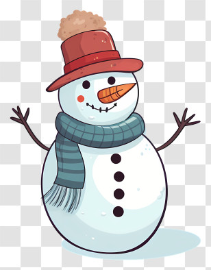 Snowman - Smiling Snowman With Red Hat And Blue Scarf Transparent PNG