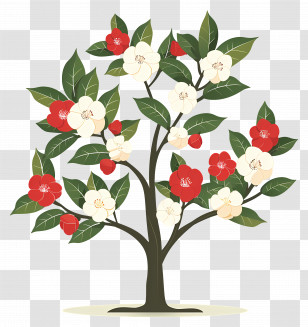 Flower Tree - Illustration Of A Flowering Tree With Red And White Blossoms Transparent PNG