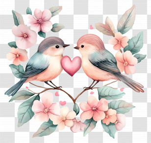 Lovebirds - Romantic Illustration Of Two Birds With Heart And Flowers Transparent PNG