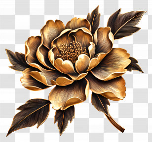 Traditional Flower - Golden Flower With Leaves Transparent PNG