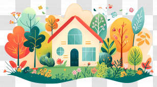 Cottage Garden - Cartoon House Amidst Colorful Foliage Transparent PNG