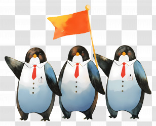 Watercolor Penguins - Penguins Holding An Orange Flag In A Fun Style Transparent PNG