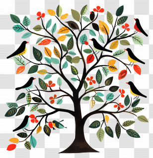 Tree With Birds - Decorative Tree With Birds And Colorful Leaves Transparent PNG