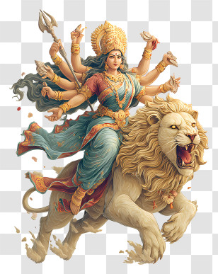 Durga Maa - Durga Riding Lion Illustration Transparent PNG