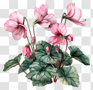 Pink Cyclamen - Pink Flower And Green Foliage Illustration Transparent PNG
