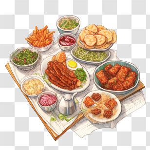 Korean Food - Variety Of Dishes On A Wooden Tray Transparent PNG
