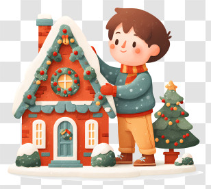 Boy Decorating Christmas House - Cartoon Boy With Gingerbread House Transparent PNG