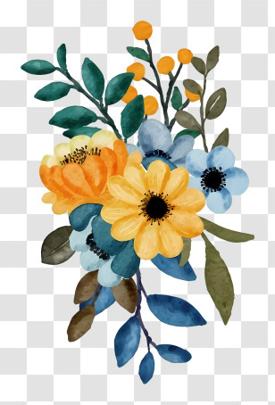 Watercolor Painting - Watercolor Flower Bouquet With Green Leaves Transparent PNG