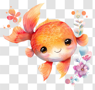 Cute Fish - Cute Goldfish With Floral Background Illustration Transparent PNG