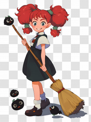 Witch With Broom - Red-haired Girl With Broom And Spirits Transparent PNG