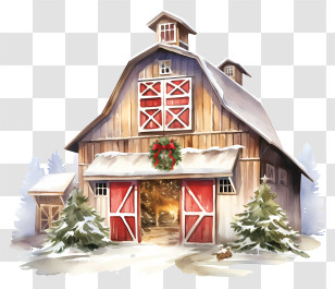Christmas Barn - Christmas Barn With Snow And Decorations Transparent PNG