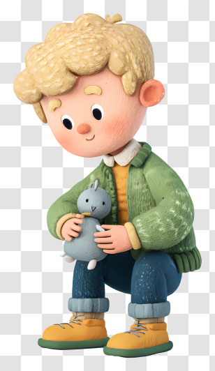 Playing With Doll - Boy Crouching With Toy Transparent PNG